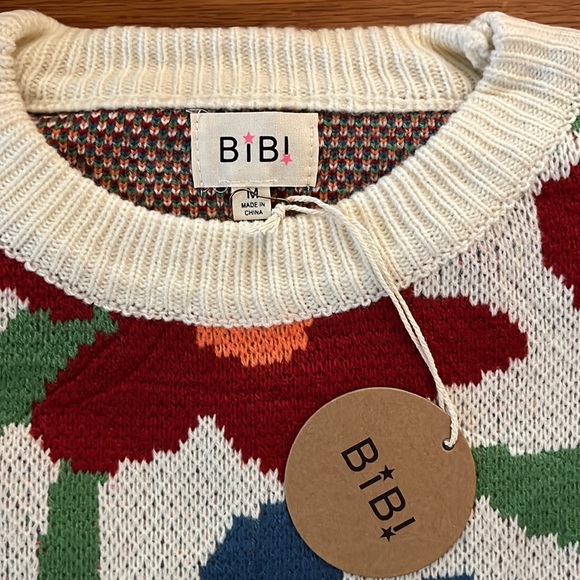 New Crew Neck Ivory Floral Knit Sweater with Red, Blue, Green, Orange Flowers - Picture 11 of 17